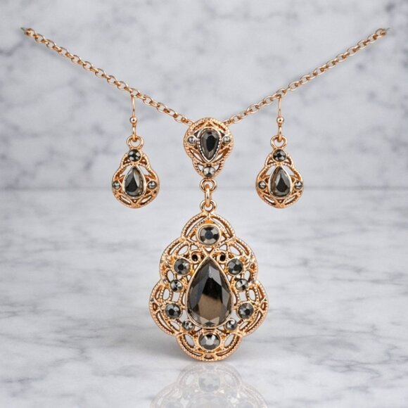 Jewelry - "Lily" 3pc Rose Gold Crystal Necklace Earring Set